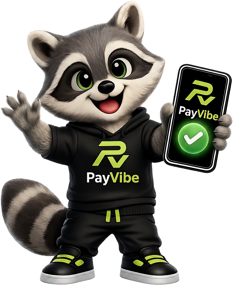 PayVibe mascot holding a phone showing an approved payment